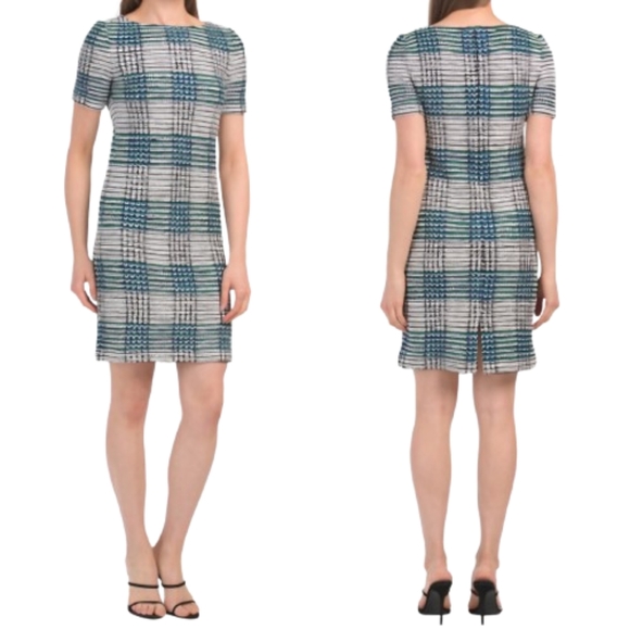 St. John Dresses & Skirts - St. John Ribbon Plaid Knit Bateau Neck Dress Blue Green Plus Sheath Classic